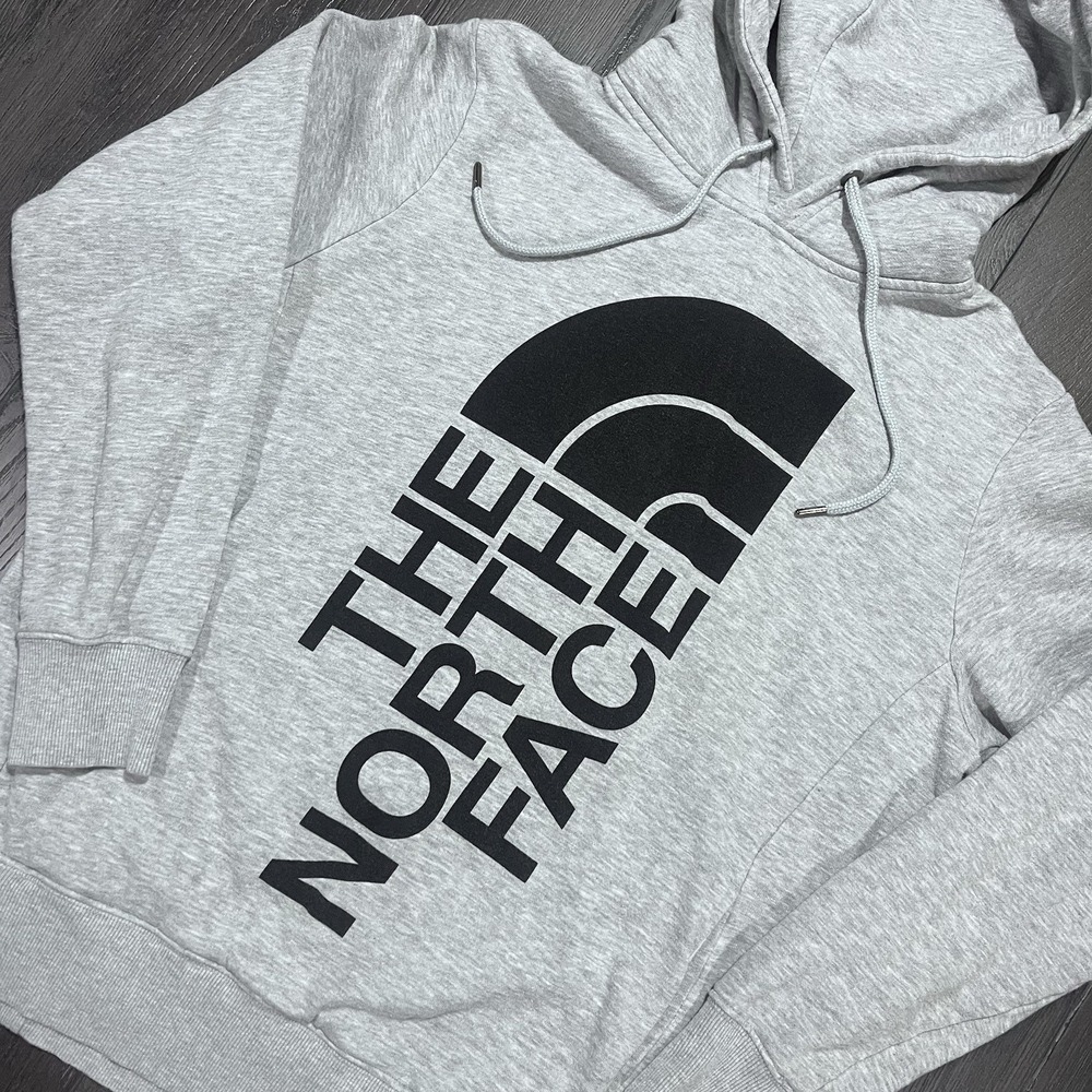 Y2K North Face Hoodie Sweatshirt Women Large Gray Spell Out Big Print Half Dome‎